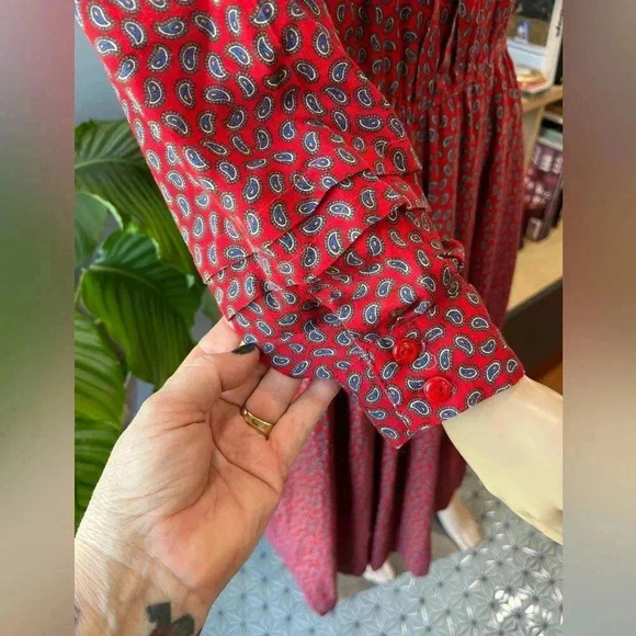 Vintage 1980s blue Red Lanz Original paisley Academia Secretary Midi Dress Sz - Picture 7 of 11